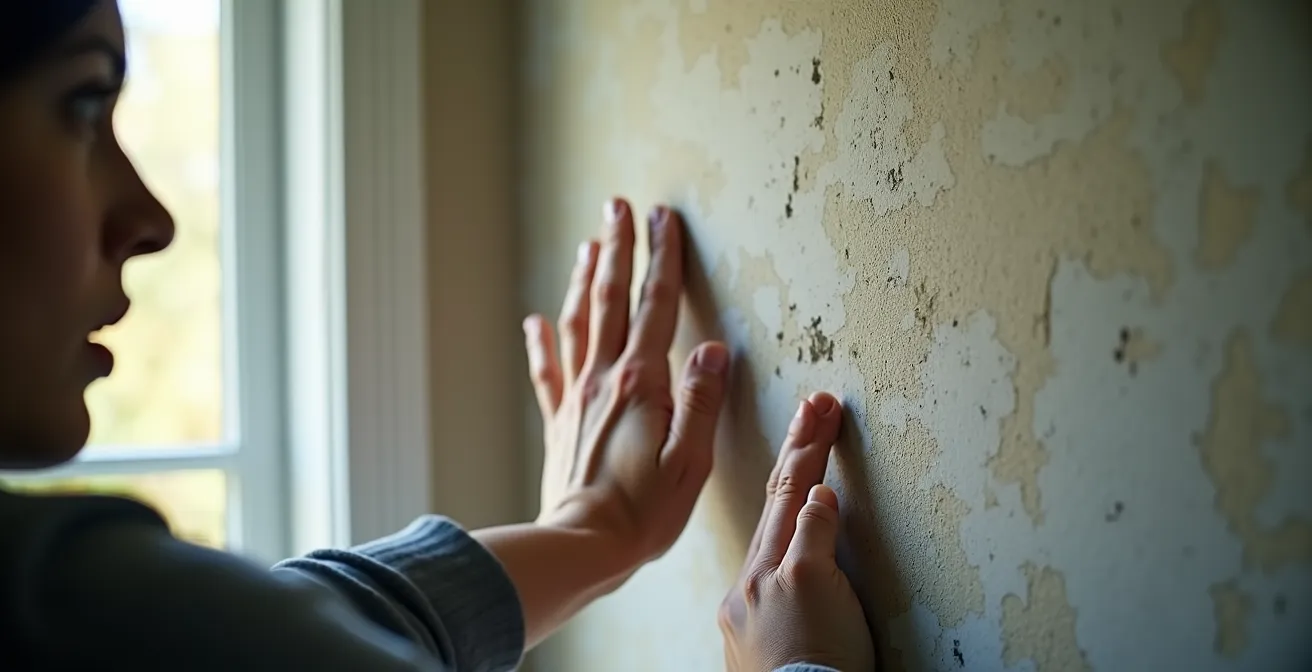 Angle de mur présentant des traces de condensation et début de moisissure