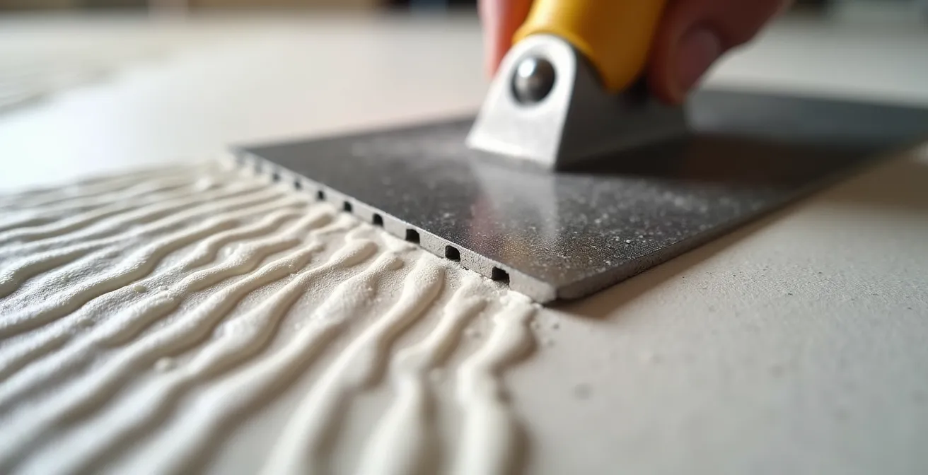 Gros plan sur l'application de colle à carrelage avec peigne dentelé créant des sillons réguliers