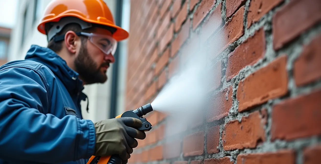 Application professionnelle d'un hydrofuge sur façade au pulvérisateur basse pression