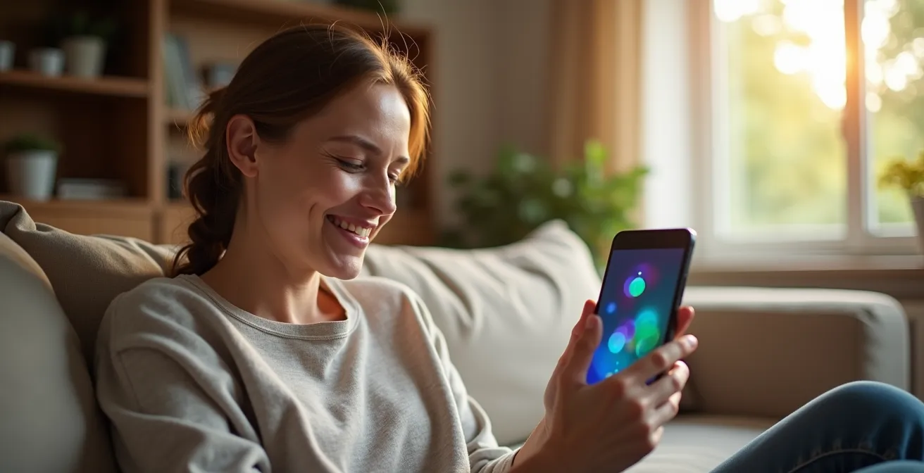 Parent consultant l'historique des accès sur son smartphone dans un salon familial