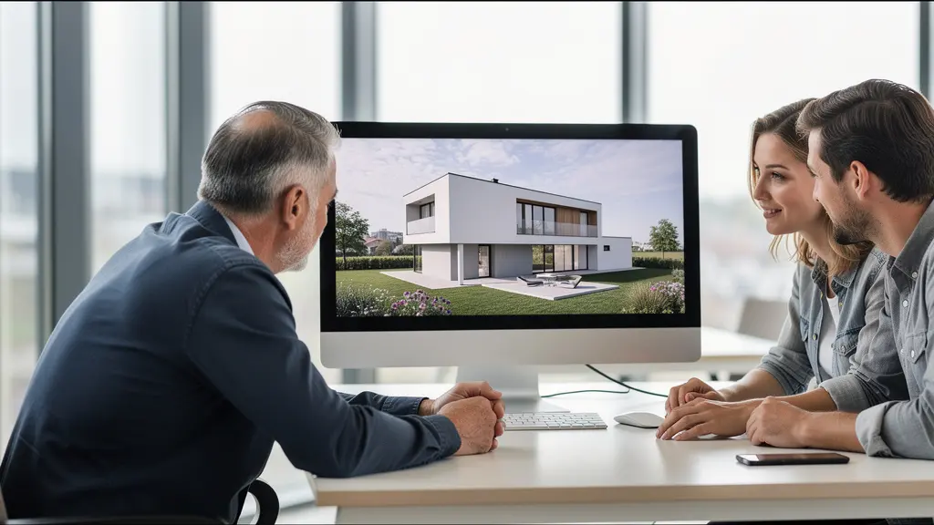 Architecte présentant un rendu 3D de maison à un couple dans un bureau lumineux