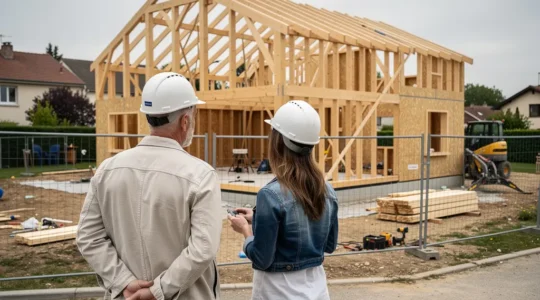 Architecte et client discutant devant une maison en construction sur un chantier résidentiel