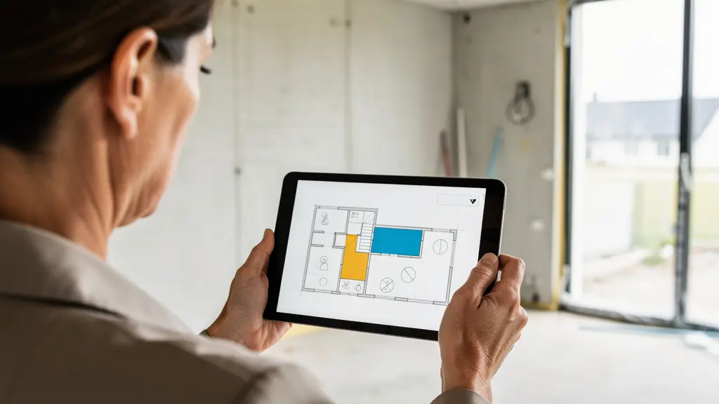 Architecte consultant une tablette numérique sur un chantier de construction maison