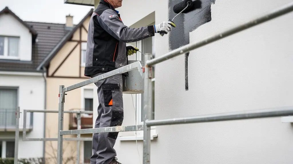 Artisan appliquant un traitement d'étanchéité sur façade depuis échafaudage
