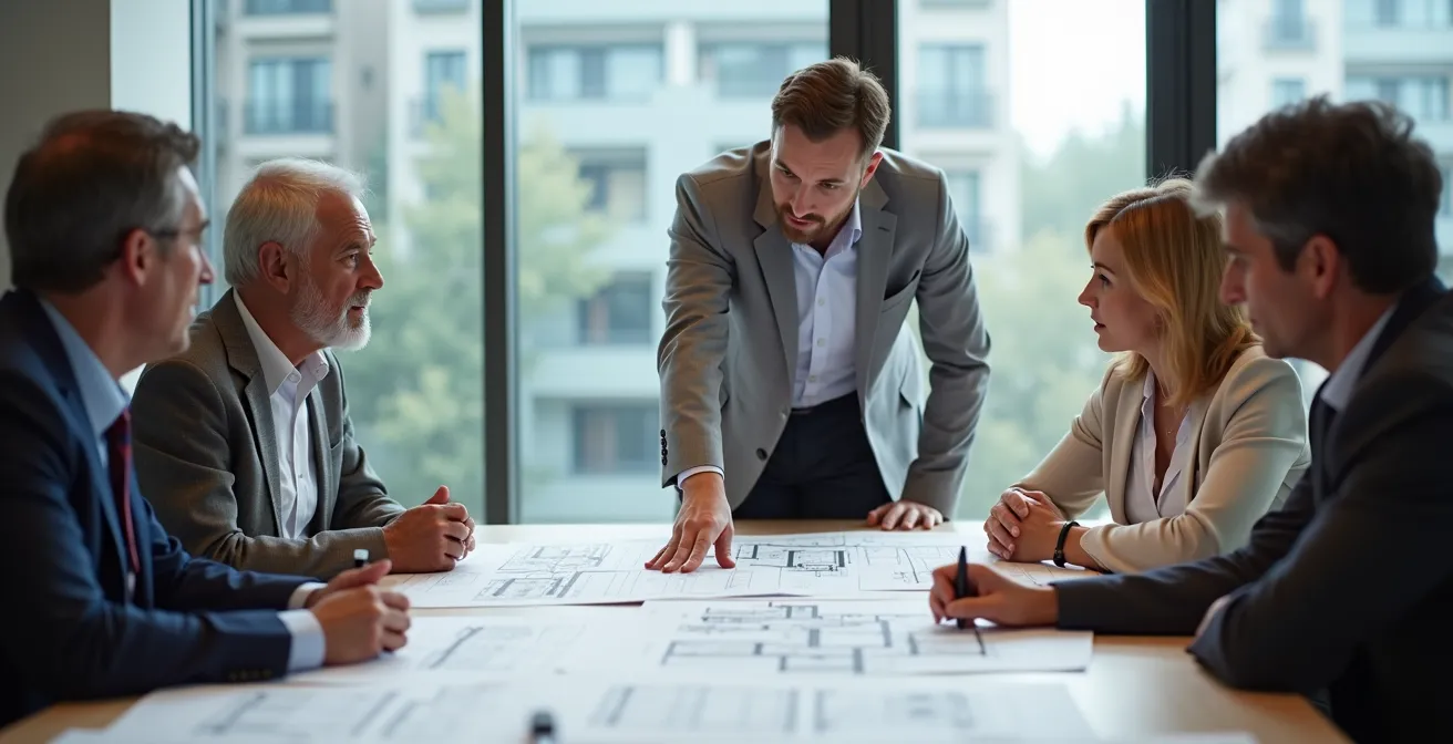 Présentation d'un dossier technique lors d'une assemblée générale de copropriété avec plans architecturaux