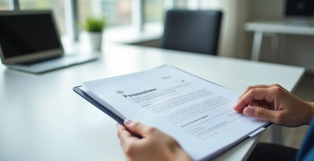 Mains tenant un dossier professionnel avec tampons officiels dans un environnement administratif