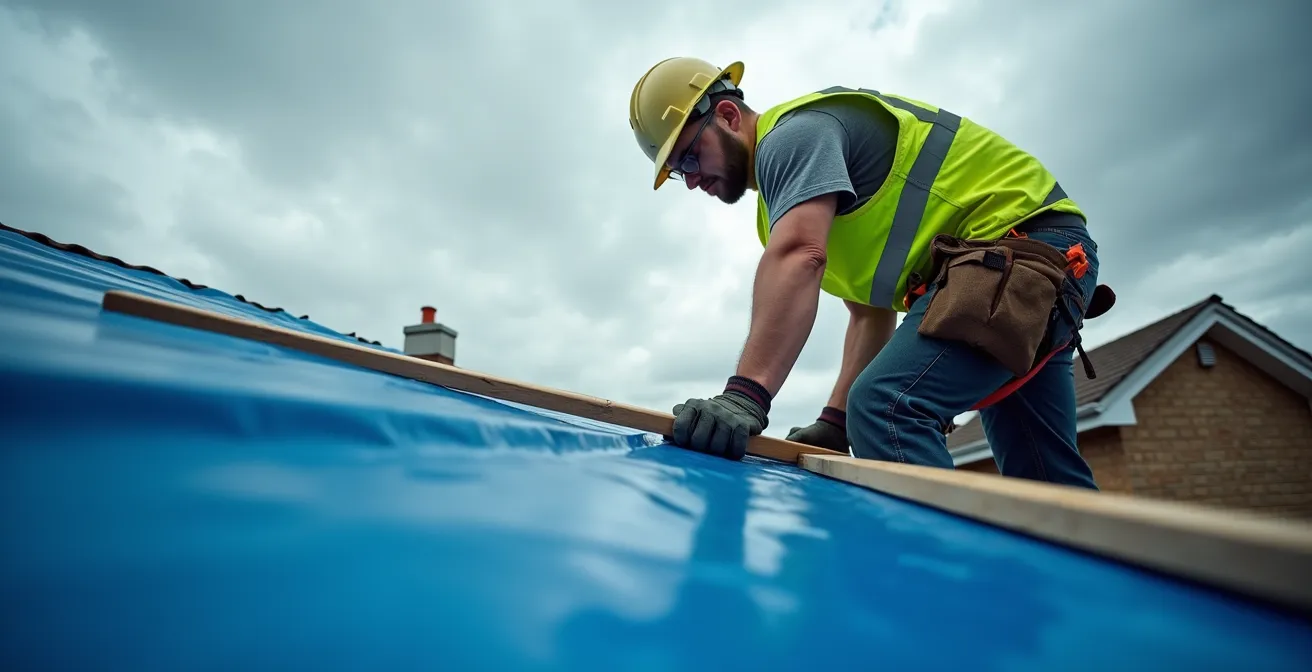 Vue aérienne d'une bâche bleue tendue sur un toit avec système de fixation par liteaux