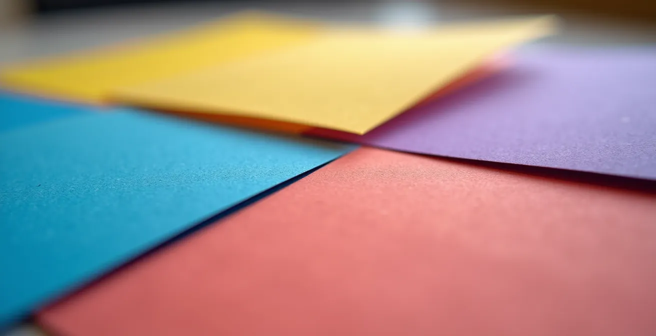 Vue macro de documents colorés avec des pastilles de couleur bleue, jaune, violette et rose, calculatrice visible en arrière-plan