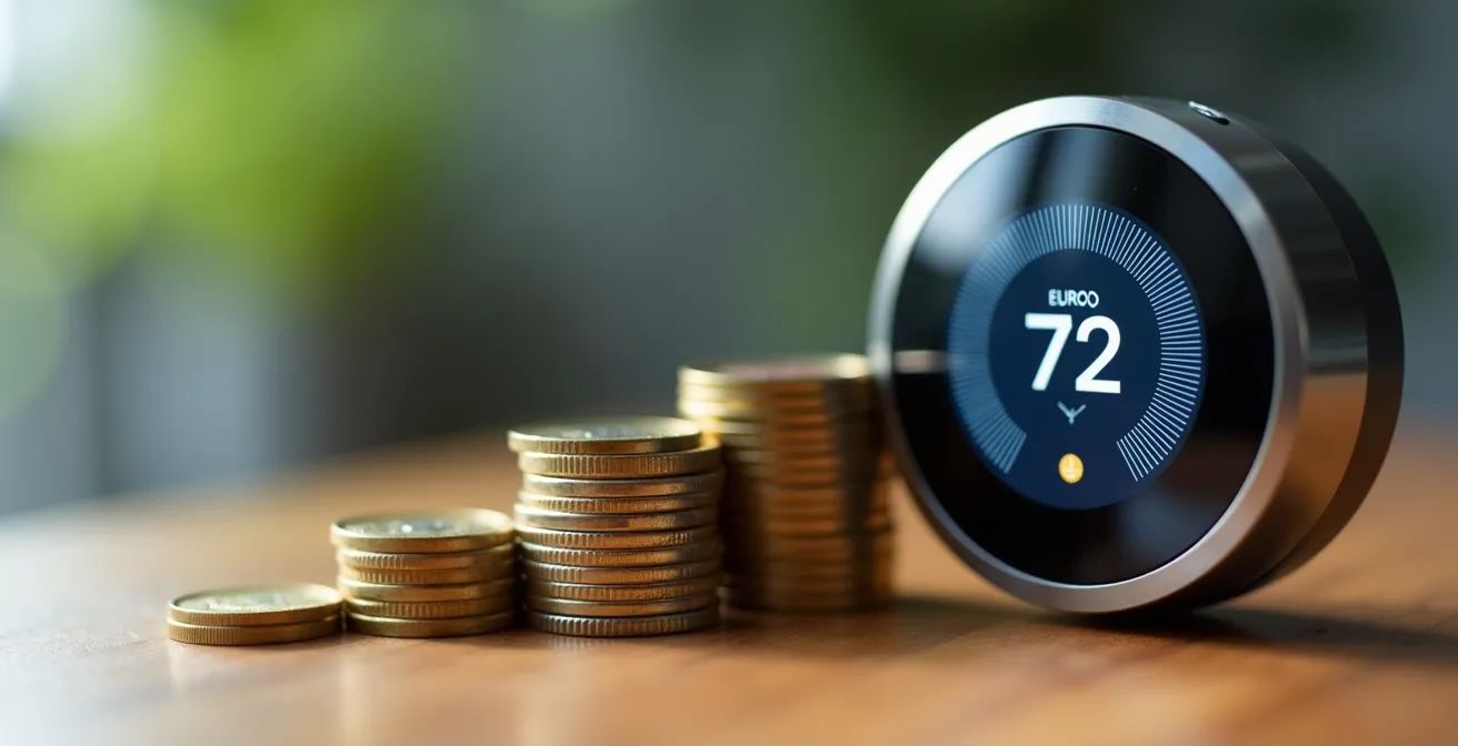 Pièces de monnaie empilées à côté d'un thermostat moderne sur une table en bois