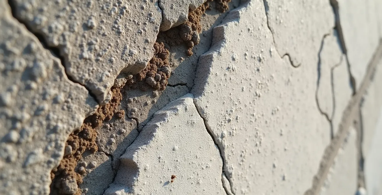 Vue macro d'une surface de façade montrant la transition entre zone purgée et zone à traiter avec textures contrastées