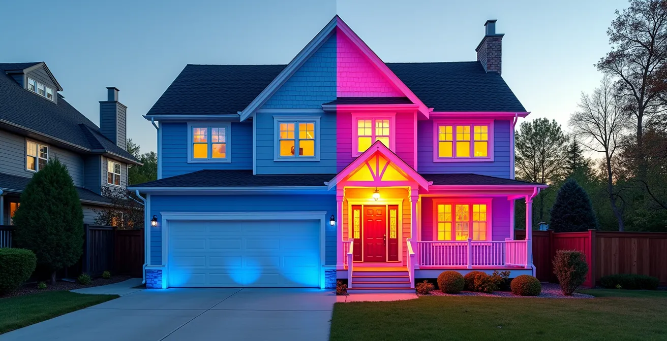 Vue thermographique d'une façade de maison révélant les ponts thermiques