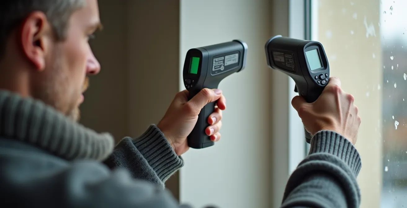 Personne utilisant un thermomètre infrarouge pour mesurer la température d'un mur