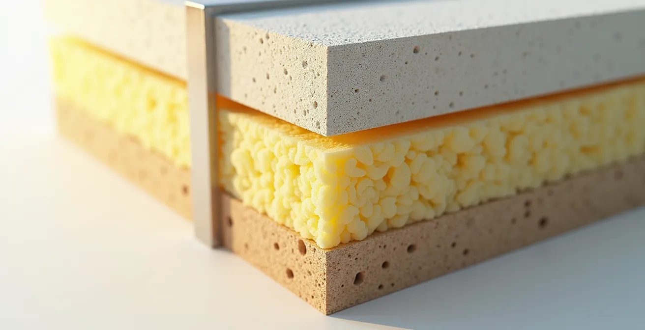 Coupe technique d'une cloison avec double plaque de placo et laine minérale pour isolation phonique