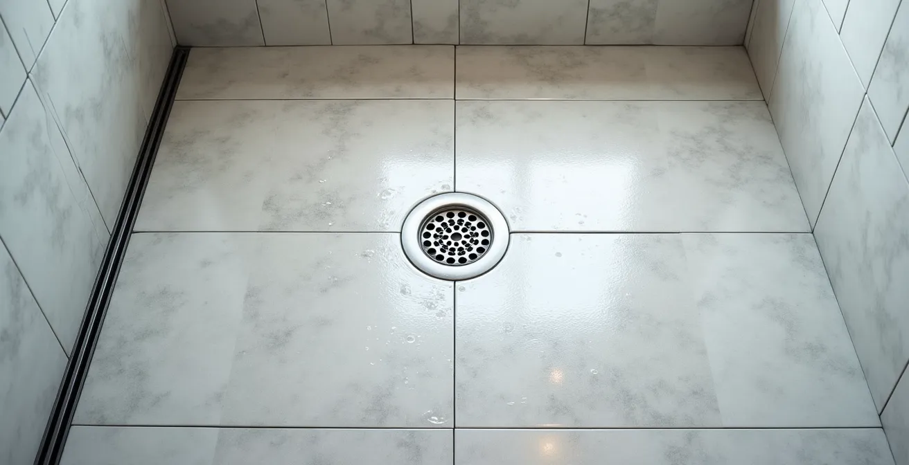 Vue du dessus d'une douche montrant un caniveau linéaire d'un côté et une bonde centrale de l'autre