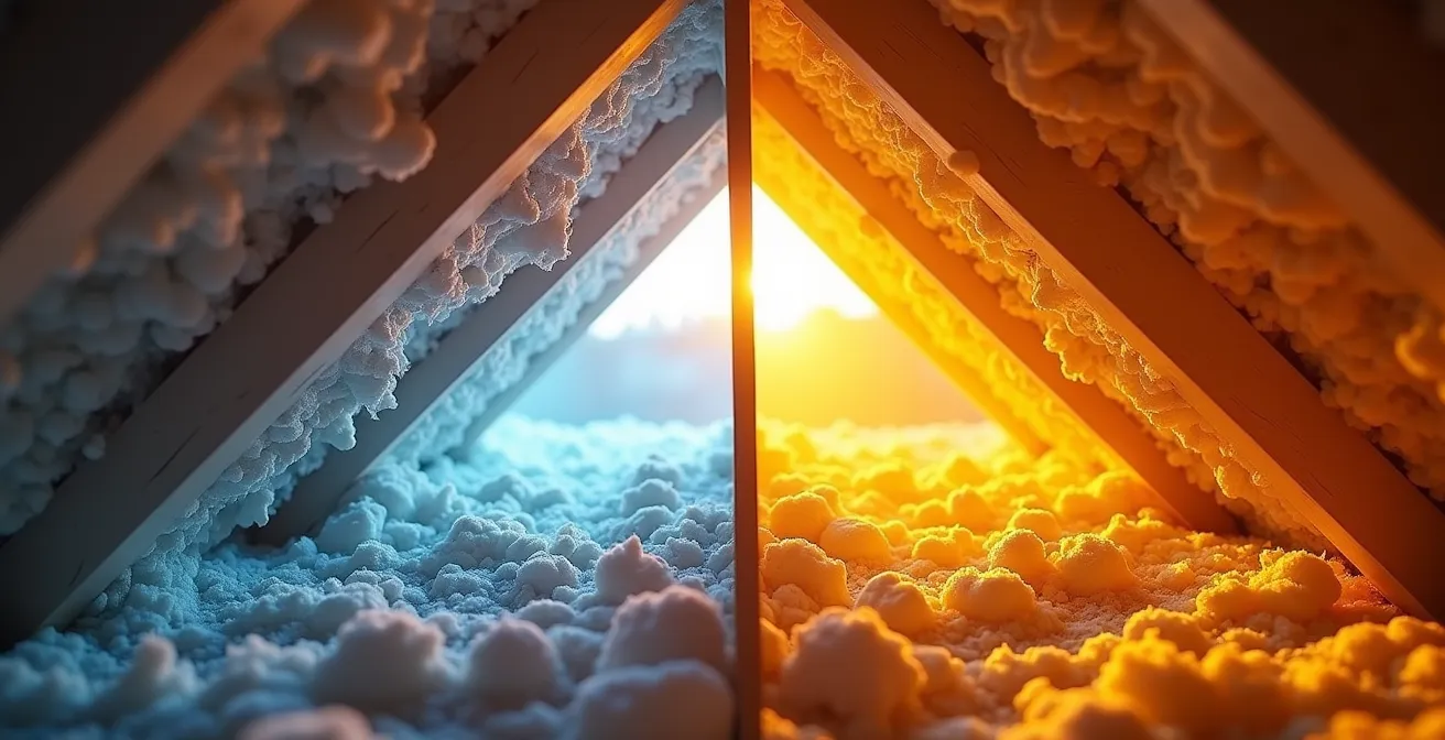 Schéma comparatif du déphasage thermique entre ouate de cellulose et laine de verre en été