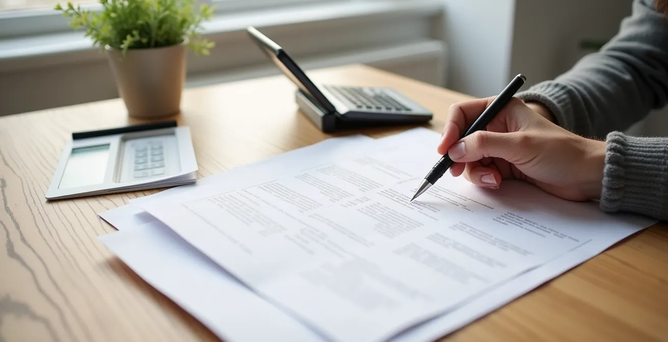 Bureau avec plusieurs devis étalés, calculatrice et stylo, mains comparant les documents