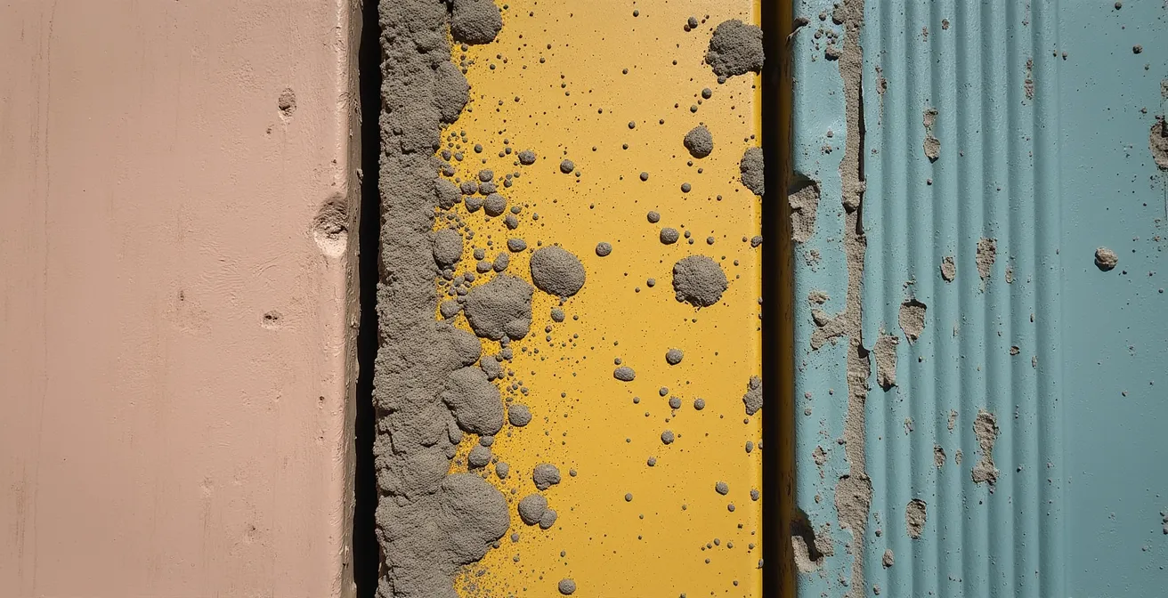 Comparaison visuelle de différentes finitions de façade et leur accumulation de pollution