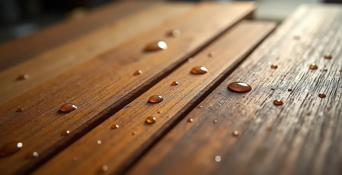 Échantillons de parquet avec différentes finitions montrant l'effet du vieillissement UV