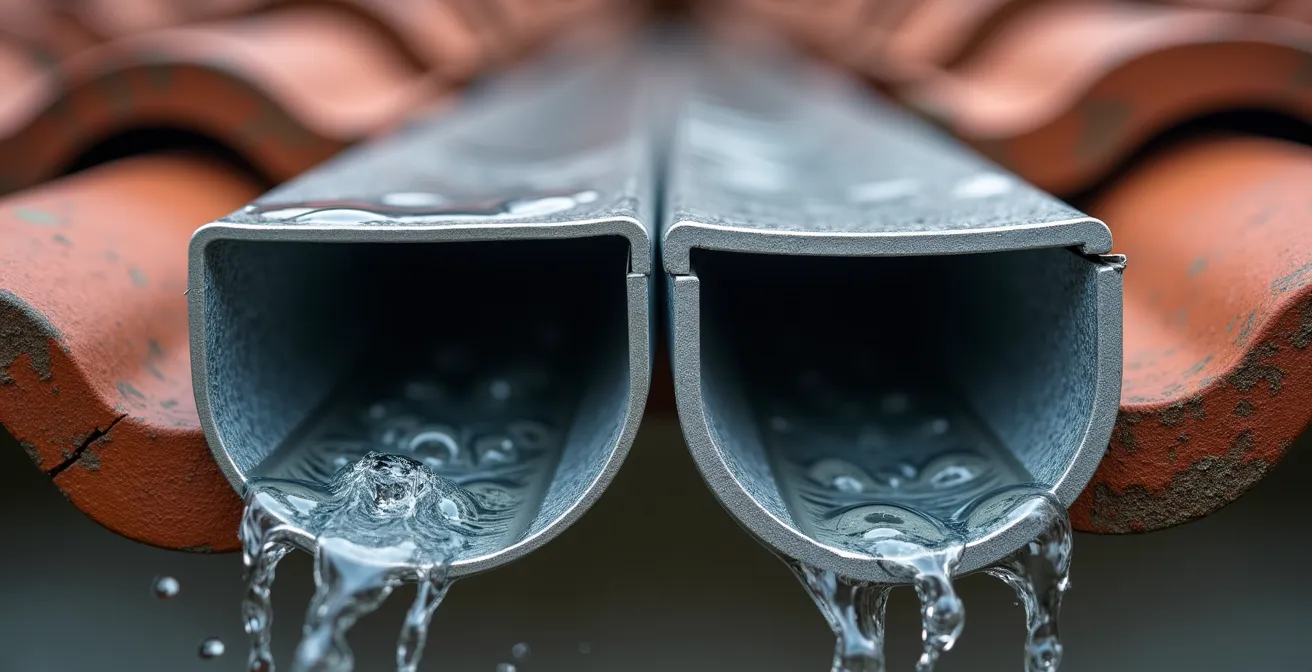 Vue en coupe comparative d'une gouttière nantaise rectangulaire et d'une gouttière demi-ronde montrant l'écoulement de l'eau