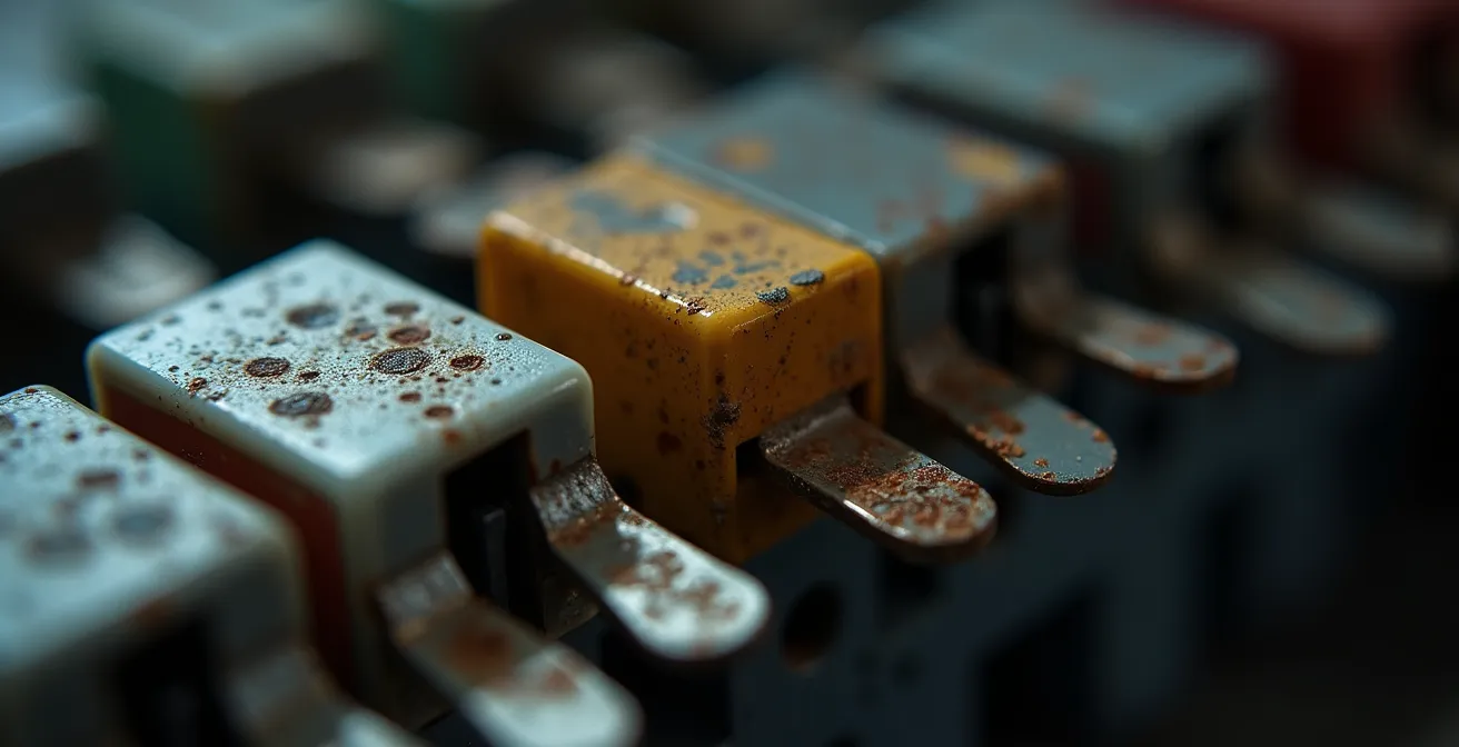 Gros plan sur un tableau électrique montrant fusibles anciens et disjoncteurs modernes