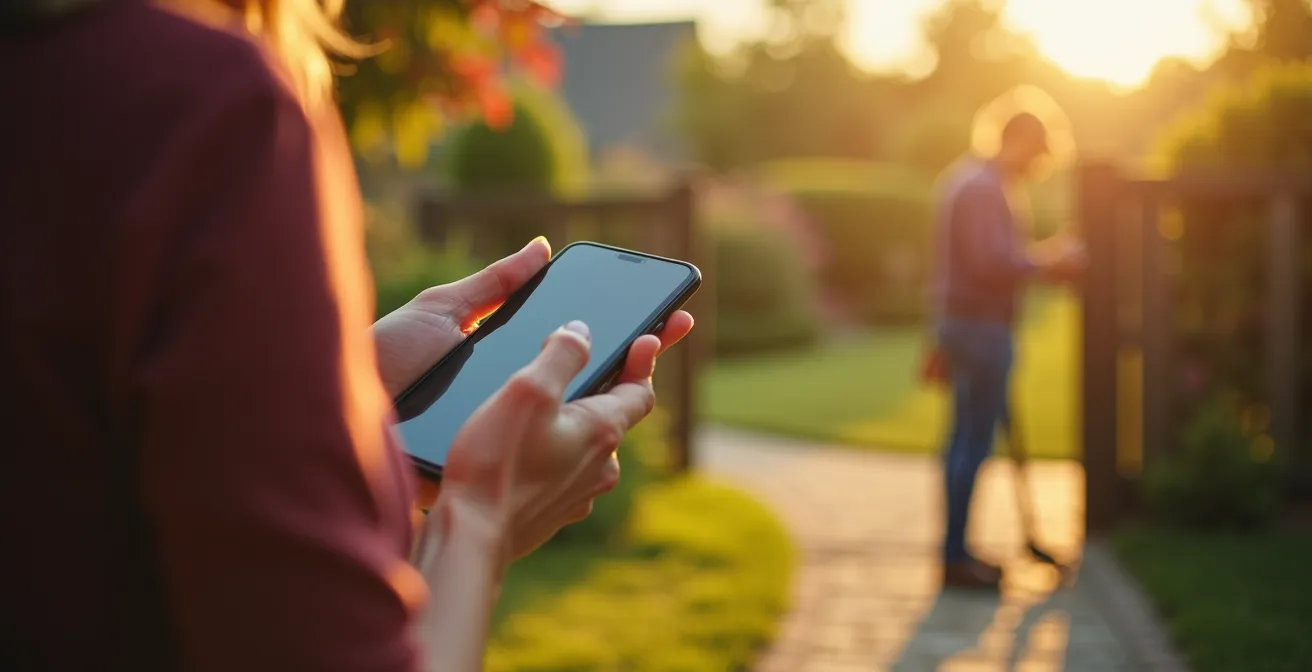 Main d'une personne tenant un smartphone pour contrôler un portail à distance, avec un jardinier flou en arrière-plan.