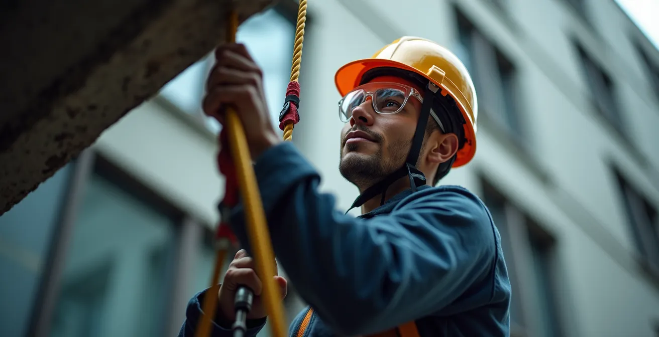Cordiste suspendu travaillant sous une corniche de bâtiment