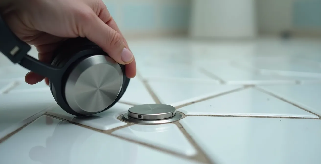 Gros plan sur un détecteur acoustique professionnel posé sur un sol carrelé avec main de technicien tenant le casque d'écoute