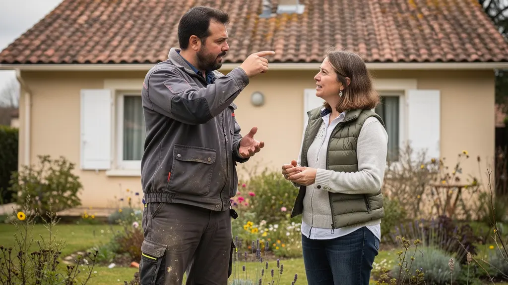 Couvreur et propriétaire discutant devant une maison française