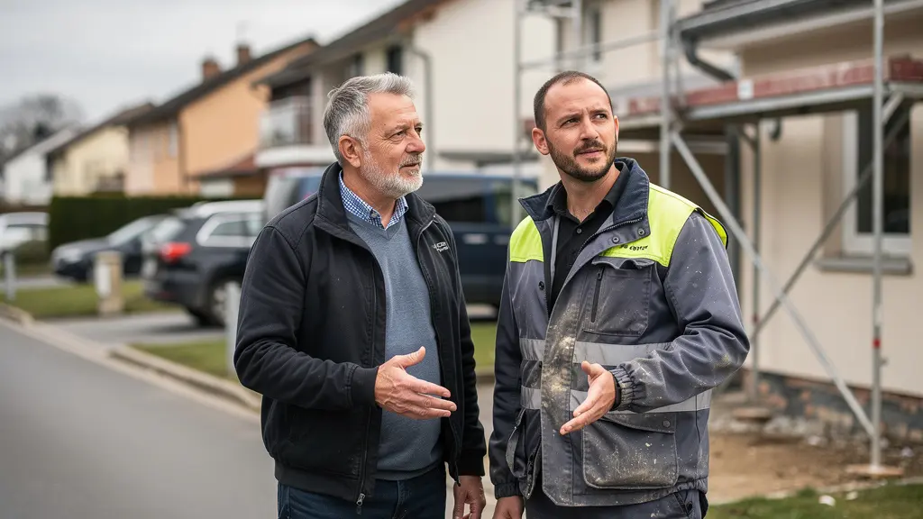 Propriétaire et artisan discutant devant une maison en rénovation énergétique