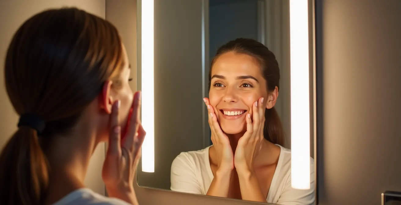 Miroir de salle de bain avec éclairage LED vertical de chaque côté créant une lumière uniforme sur le visage