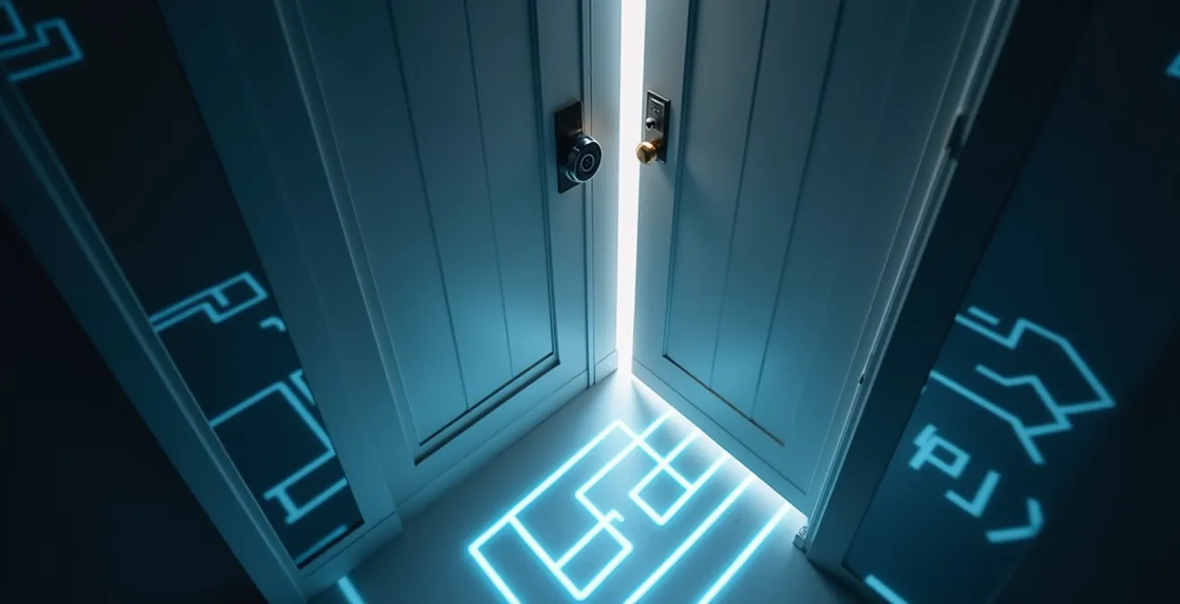 Vue en plongée d'un hall d'entrée moderne avec serrure connectée et système domotique intégré