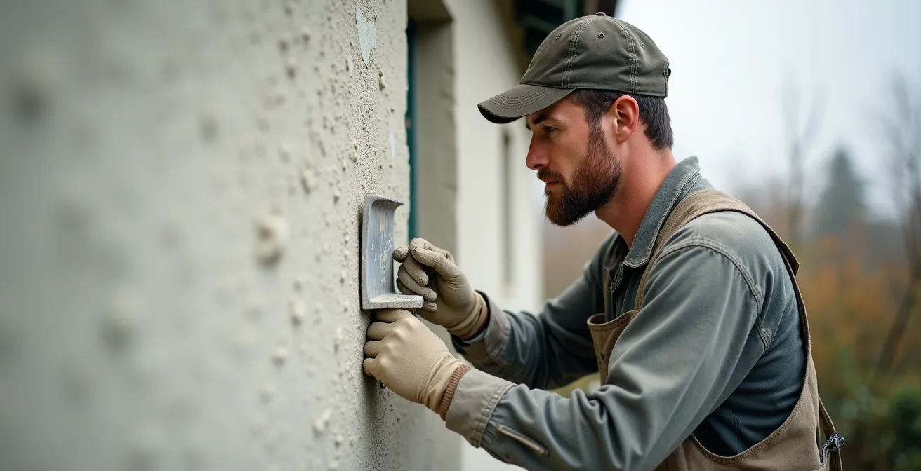 Application d'enduit sur façade par temps nuageux idéal, montrant les conditions météorologiques optimales pour éviter le gel et le séchage rapide