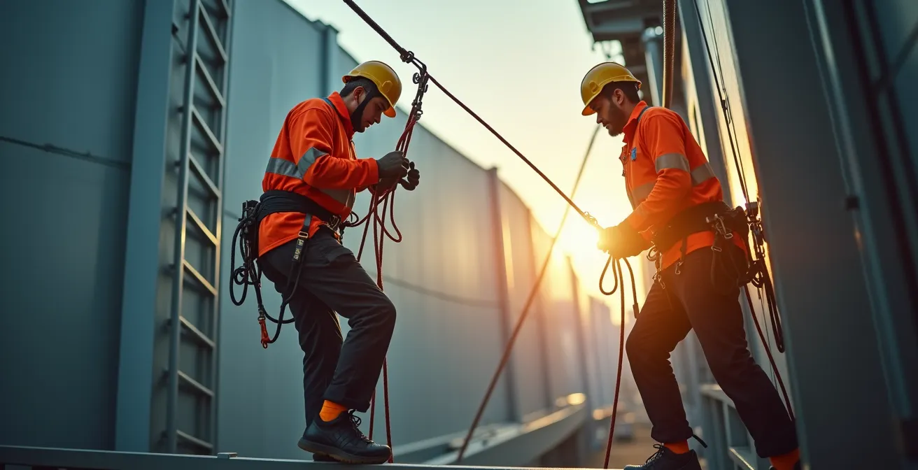Équipe de secouristes cordistes en intervention sur une structure industrielle