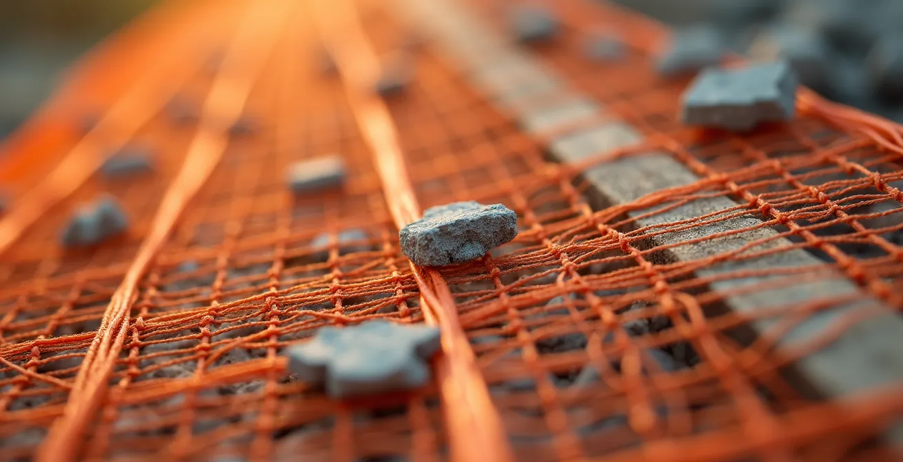 Gros plan sur un filet de protection orange installé sur échafaudage avec débris retenus