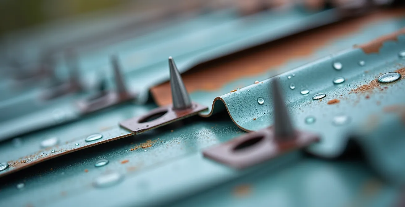 Gros plan sur système de clips pour pics anti-pigeons sur joint de zinc