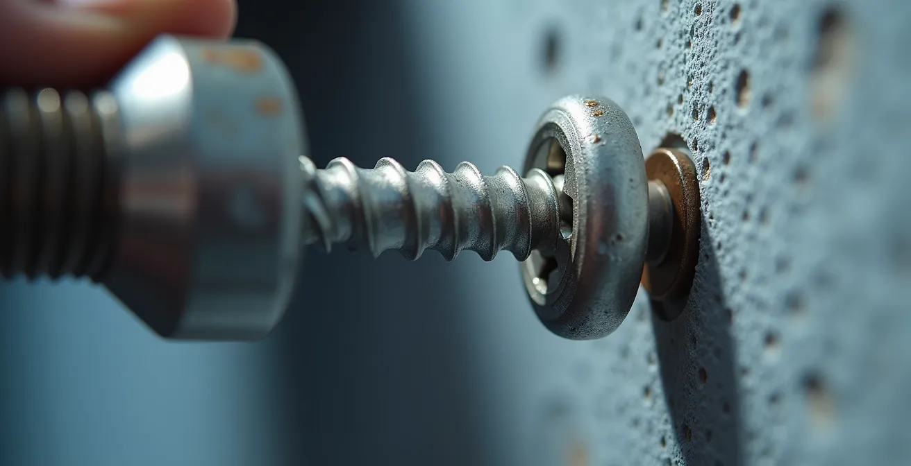 Gros plan sur une vis de sécurité de type Torx lors de l'installation d'une sonnette connectée sur un mur.