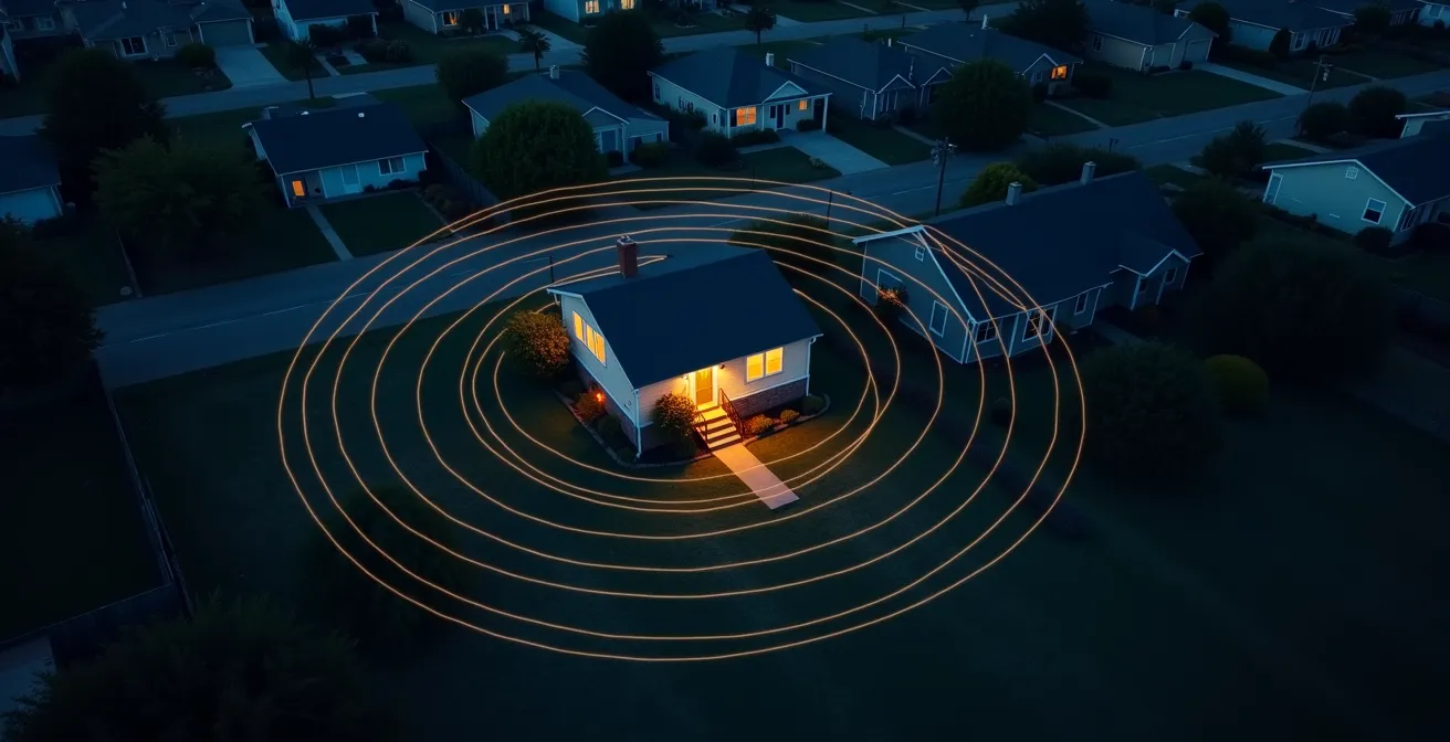 Vue aérienne d'une maison avec zones de géolocalisation représentées par des cercles lumineux
