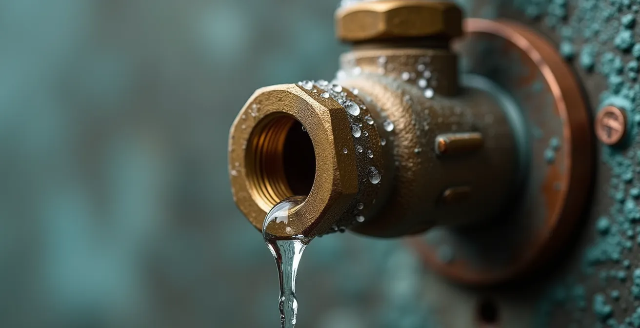 Gros plan sur un groupe de sécurité de chauffe-eau avec gouttes d'eau