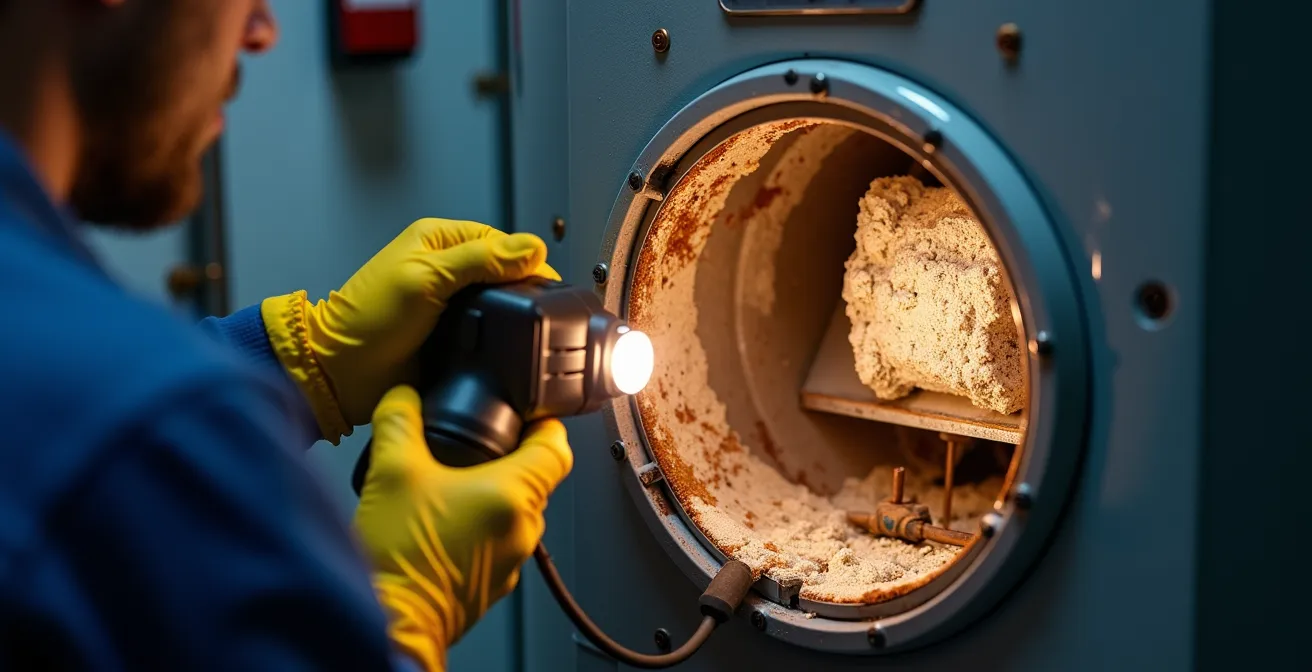 Vue de l'intérieur d'un ballon d'eau chaude avec dépôts de tartre