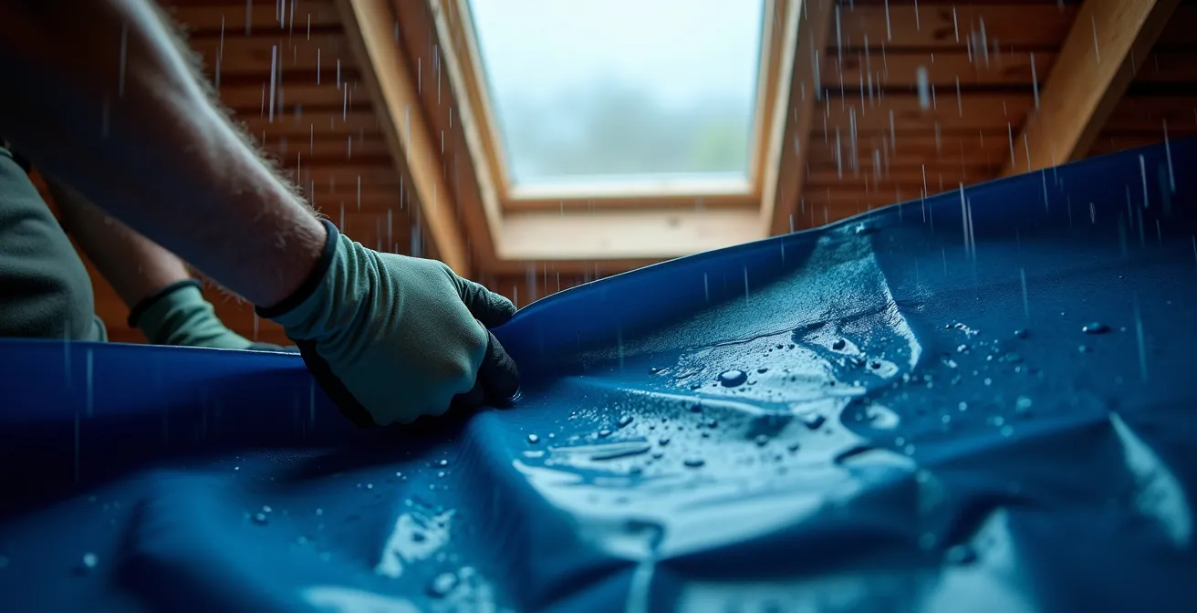Installation d'une bâche de protection sur un toit depuis les combles pendant une averse