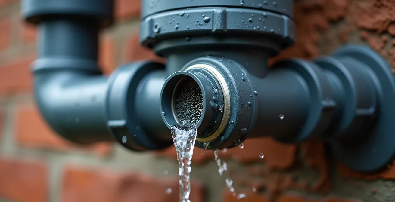 Vue détaillée d'un collecteur filtrant installé sur une descente d'eau pluviale avec système de by-pass