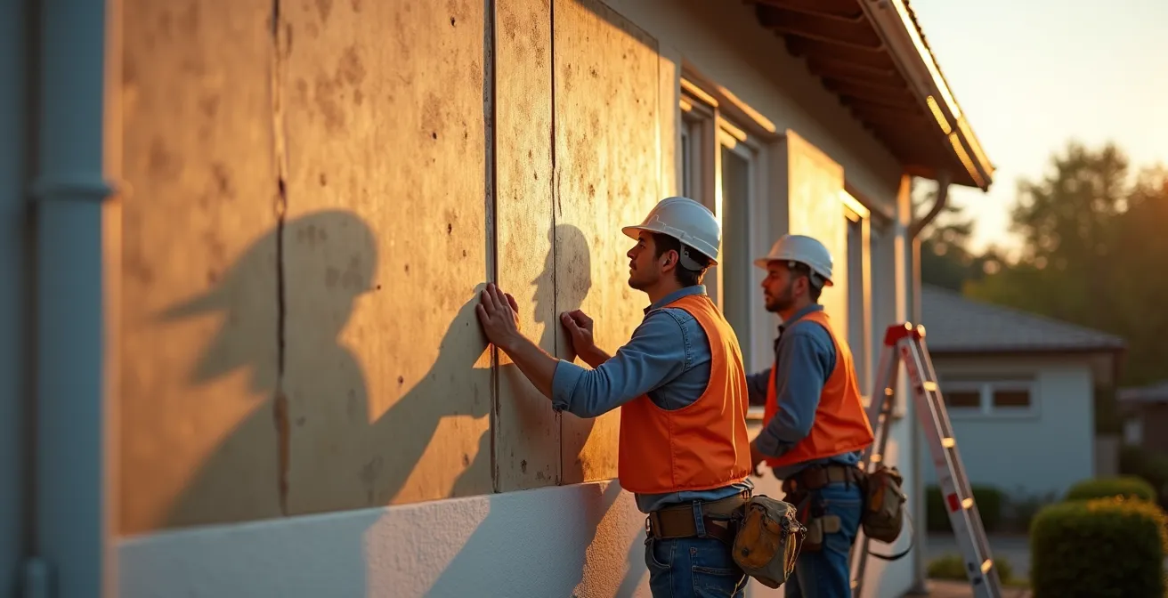 Façade de maison montrant la progression des travaux d'isolation thermique par l'extérieur