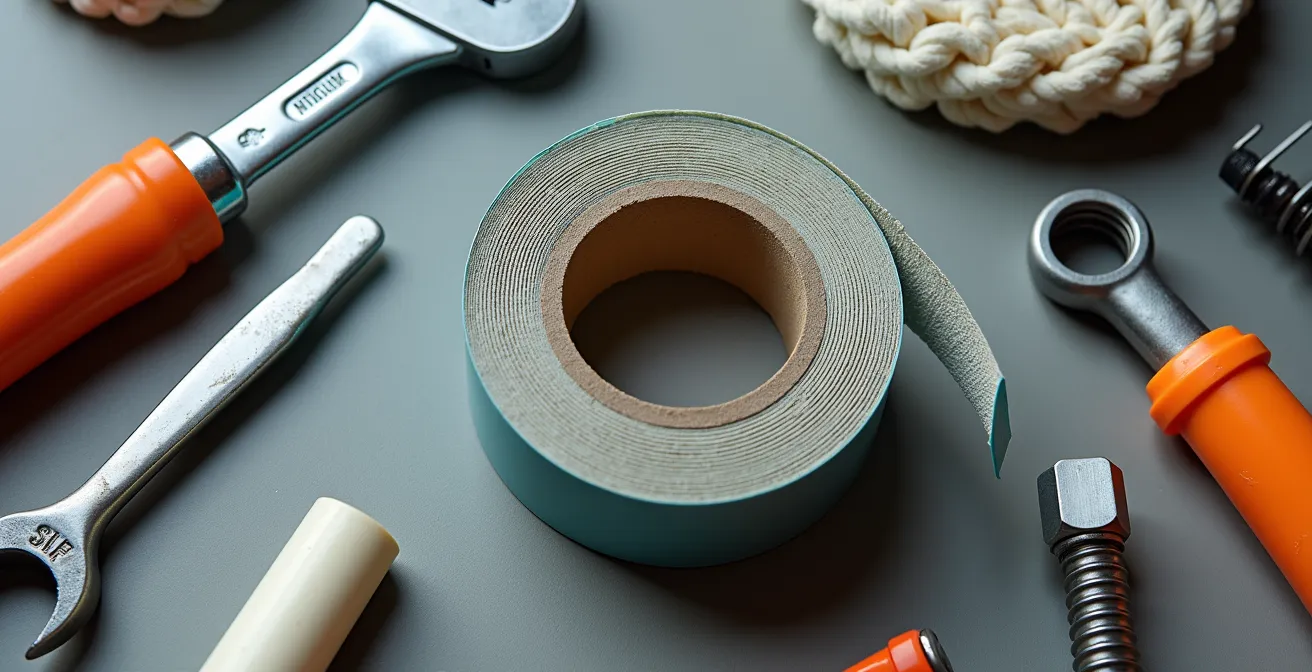 Kit d'urgence anti-dégât des eaux avec outils essentiels disposés sur une surface