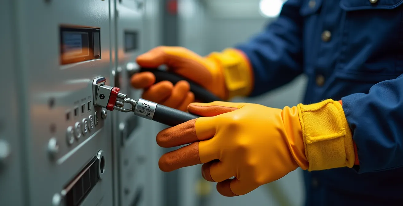 Mains portant des gants isolants professionnels tenant des outils isolés devant un tableau électrique flou en arrière-plan