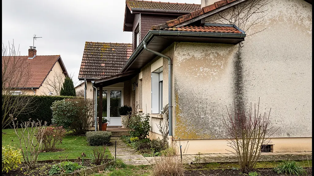 Vue extérieure maison française montrant toiture tuiles et jonction façade