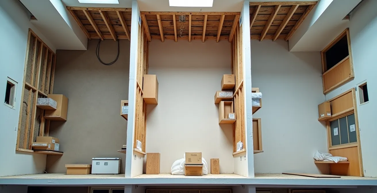 Vue d'ensemble d'un appartement en cours de rénovation avec zones de travail délimitées