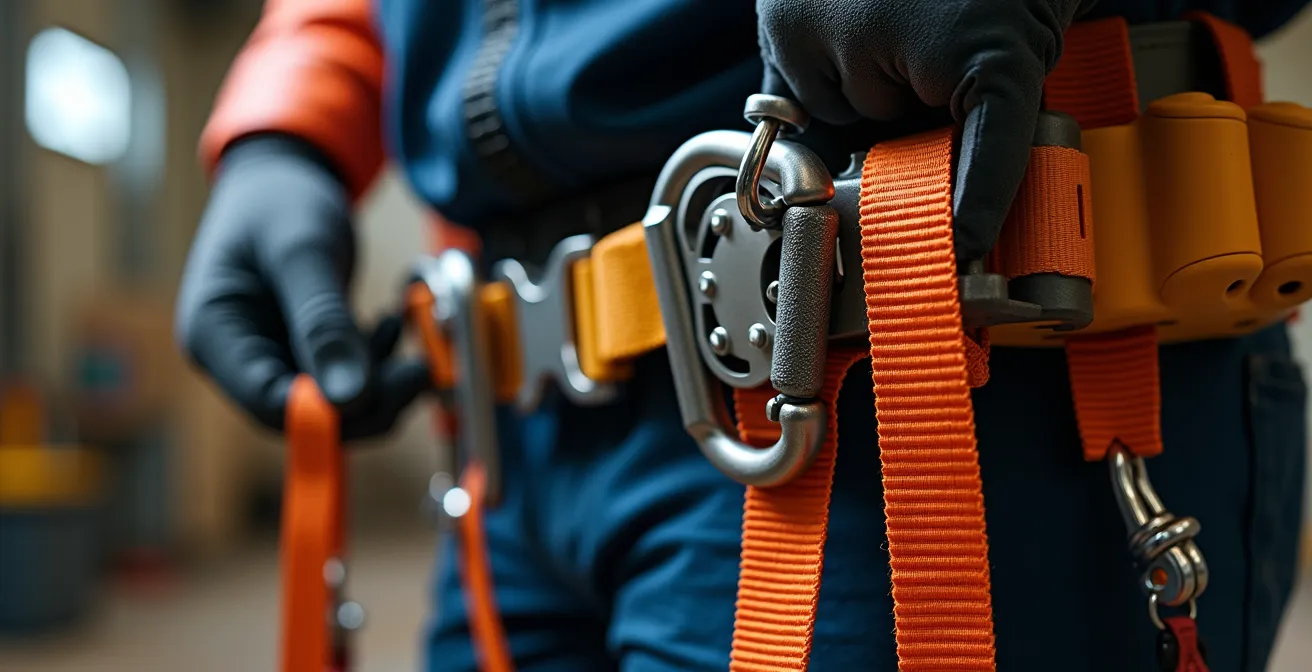 Gros plan macro sur système d'attache d'outils professionnels pour travaux en hauteur