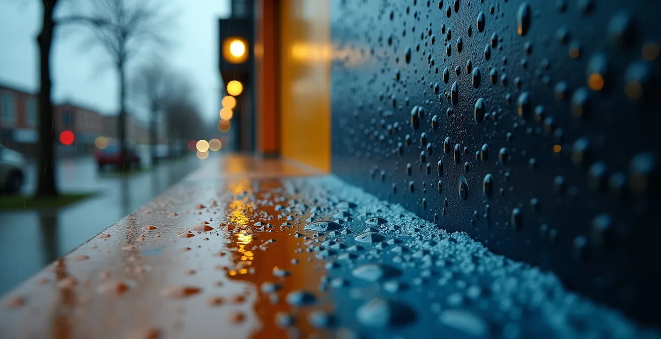 Mur de façade sous la pluie montrant l'effet perlant d'une peinture hydrofuge haute performance