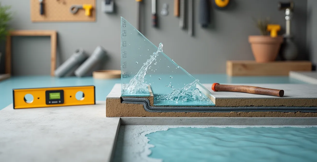 Vue en coupe d'une salle de bain montrant la pente d'évacuation de 2% depuis la douche jusqu'à l'évacuation principale