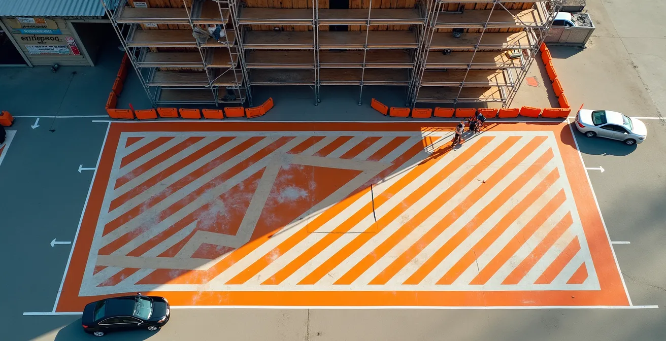 Vue aérienne d'un périmètre de sécurité balisé autour d'un bâtiment en travaux